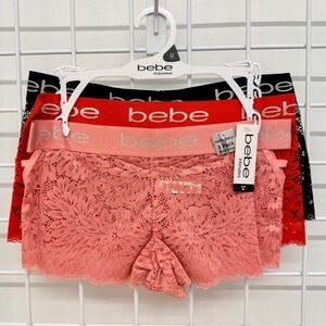 bebe Lace Boyshorts Trio — Coral Pink, Red, Black
